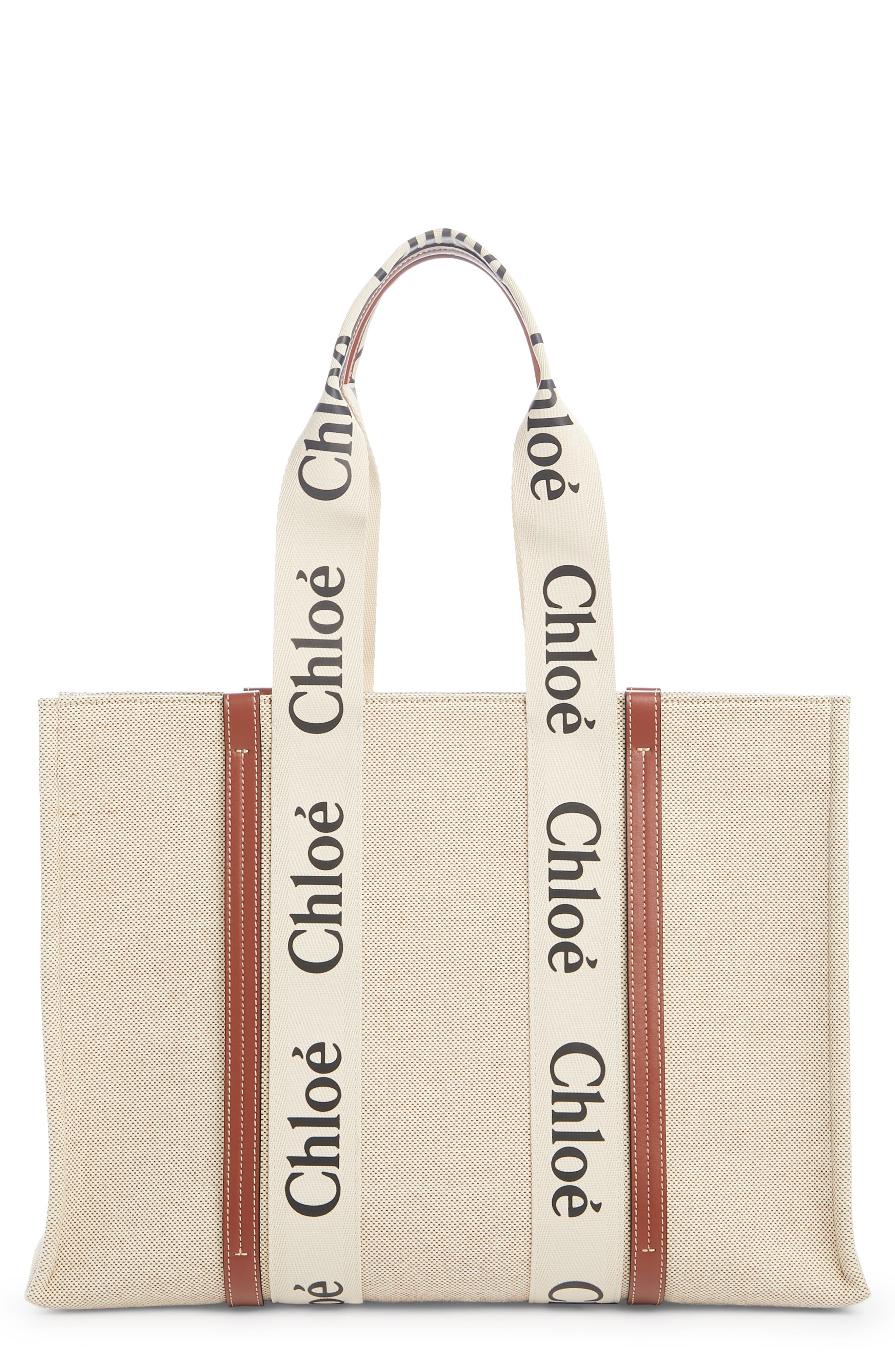 Chloé Large Woody Logo Strap Canvas Tote, Main, color, White-Brown