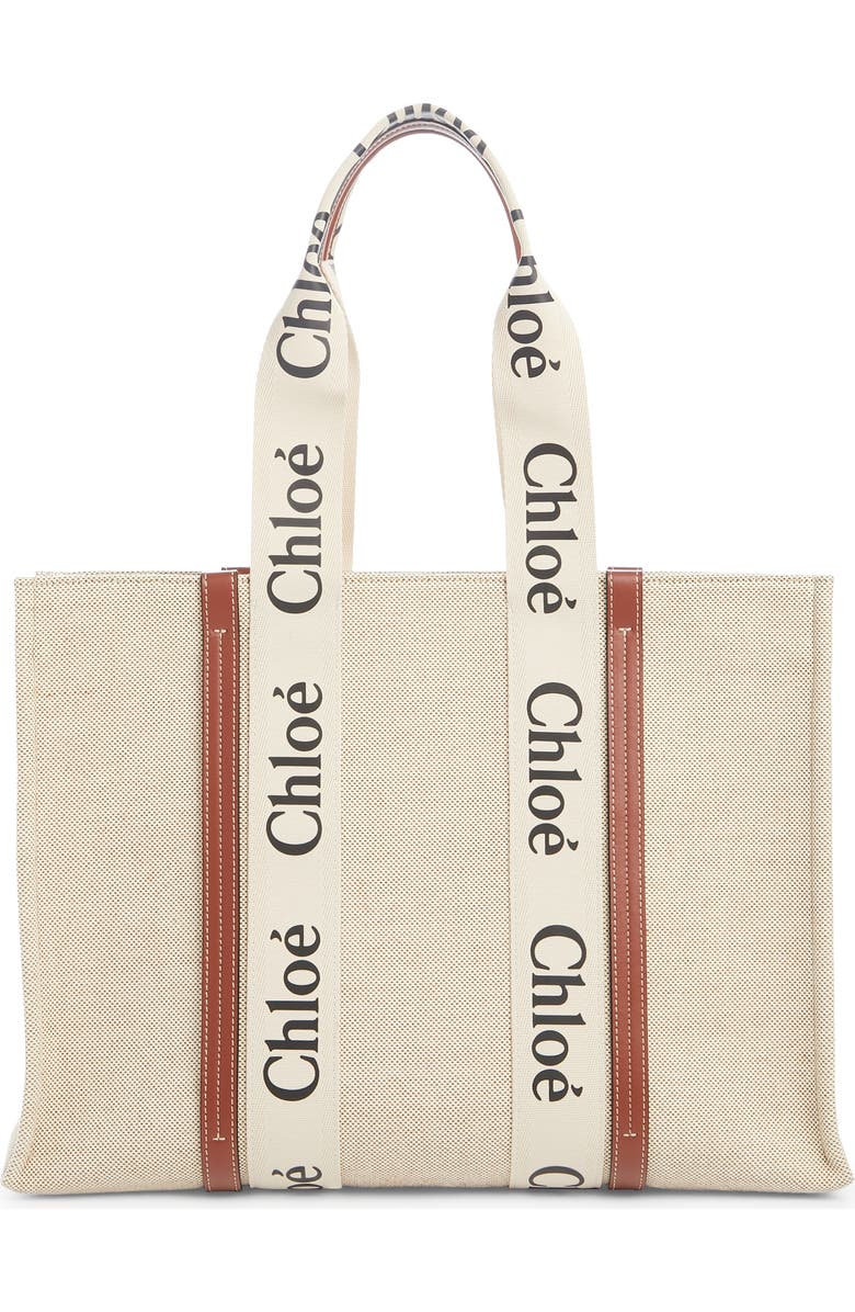 Chloé Large Woody Logo Strap Canvas Tote, Main, color, White-Brown