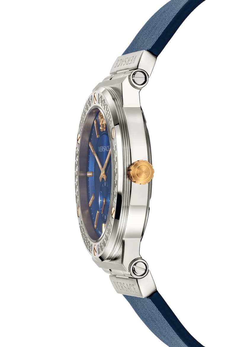 Greca Logo Leather Strap Watch, 41mm, Alternate, color, BLUE/ SILVER