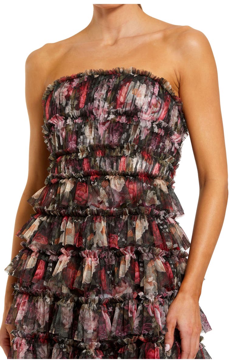 Mac Duggal Strapless Micro Ruffle A Line Midi Dress, Alternate, color, Black Multi