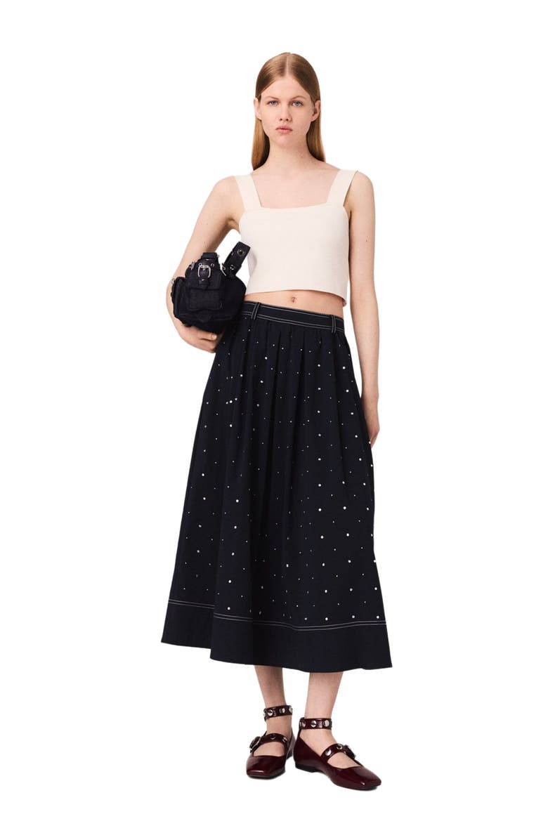 maje Studded flared cotton skirt, Main, color, Navy
