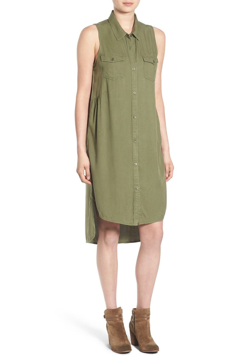 Sleeveless Woven Shirtdress, Main, color, OLIVE BURNT