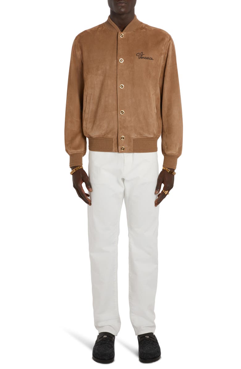 Versace Medusa Embroidered Suede Bomber Jacket, Alternate, color, 