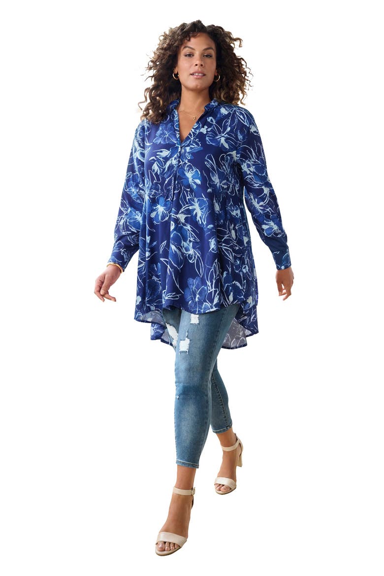 Hand Crinkled Fit And Flare Tunic, Main, color, NAVY PAINTERLY ROSES