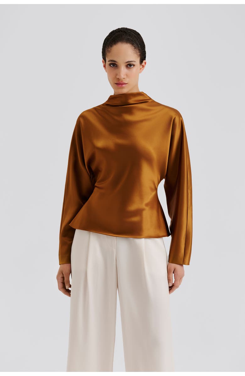 Malina Zora Barrel Sleeve Satin Blouse, Main, color, Amber