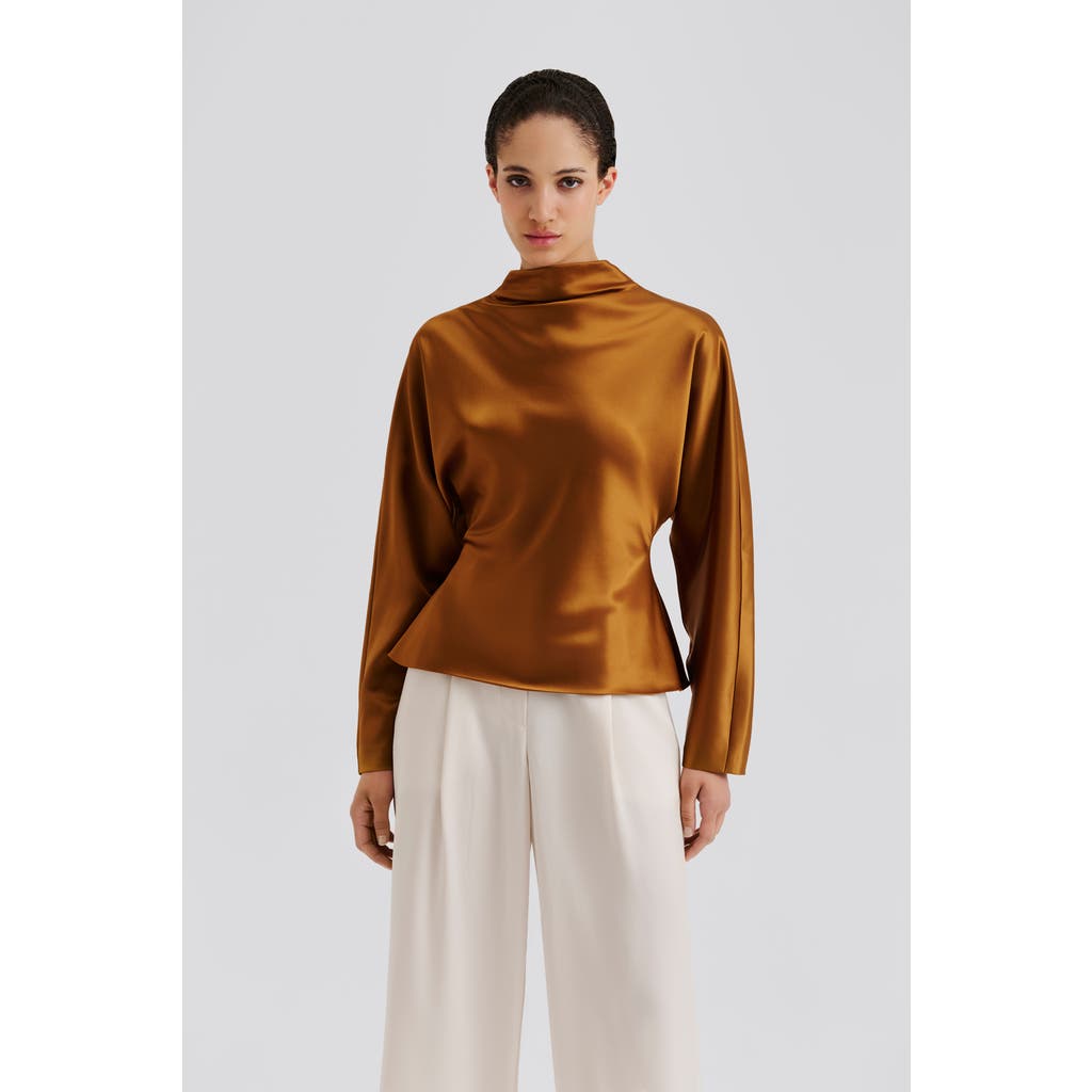 Malina Zora Barrel Sleeve Satin Blouse In Brown