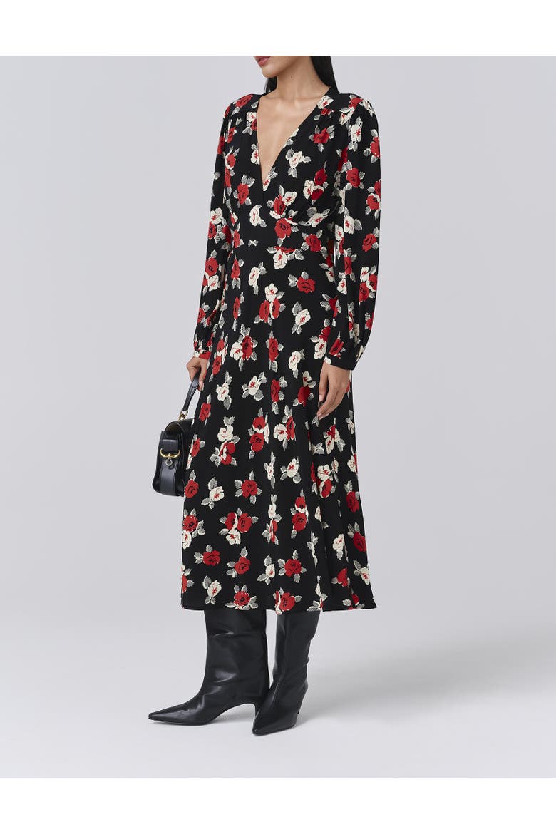 Gracie Floral V Neck Midi Dress, Alternate, color, Black Flower