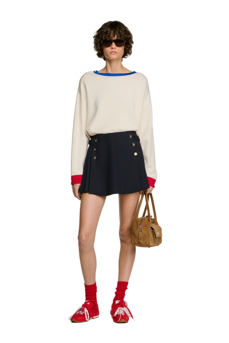 Contrast Round-neck Wool Sweater, Alternate, color, Ecru