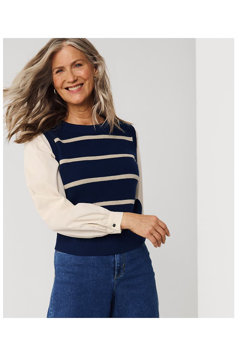 Drifter Shaker Button Shoulder Sweater Vest with Poplin Sleeves, Alternate, color, Deep Sea Navy/Champagne Stripe