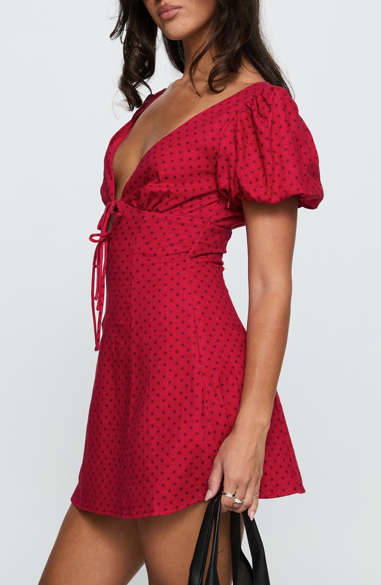Princess Polly Beloved Polka Dot Puff Sleeve Linen Blend Minidress, Alternate, color, Red