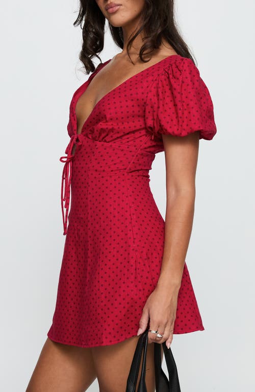 Princess Polly Beloved Polka Dot Puff Sleeve Linen Blend Minidress In Red
