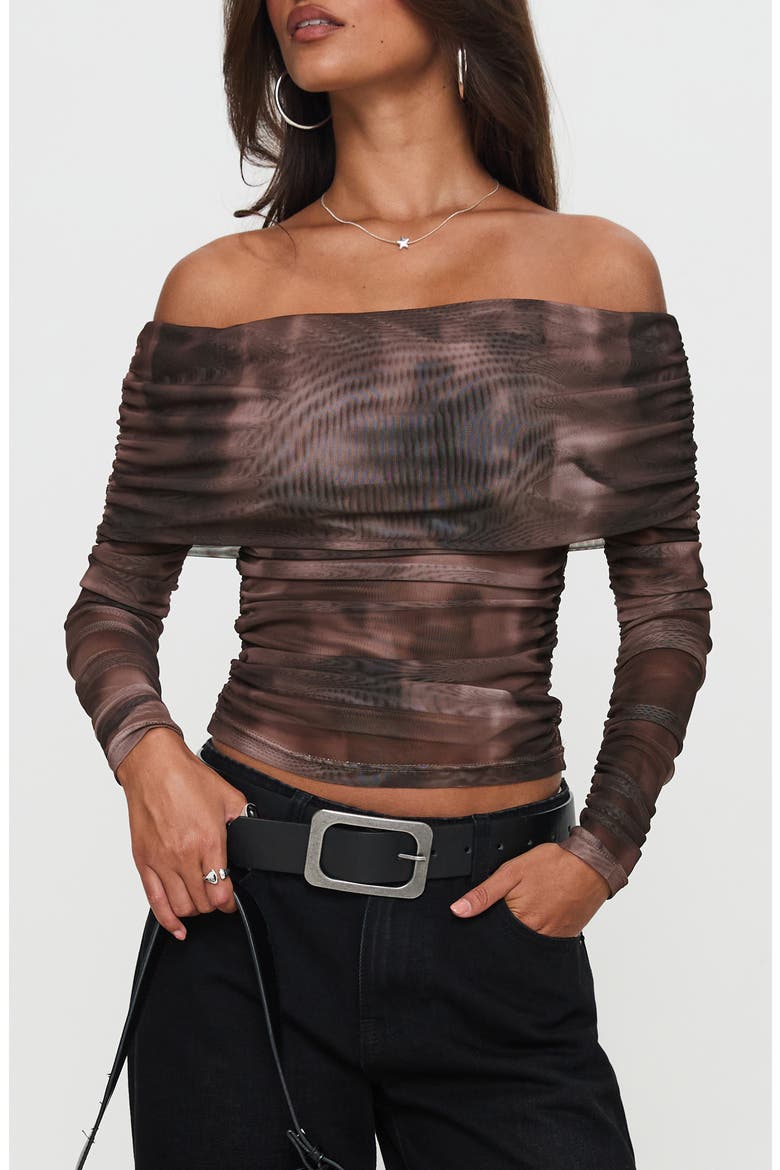 Good Taste Off the Shoulder Long Sleeve Mesh Top, Main, color, BROWN