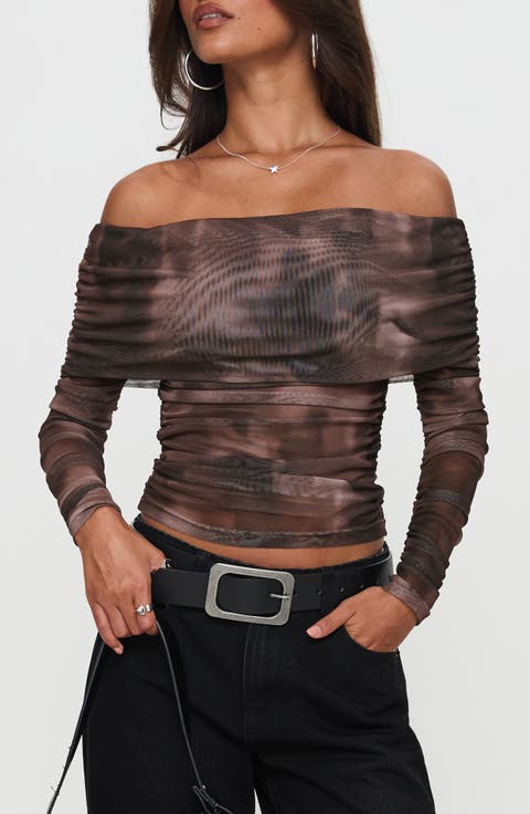 Good Taste Off the Shoulder Long Sleeve Mesh Top