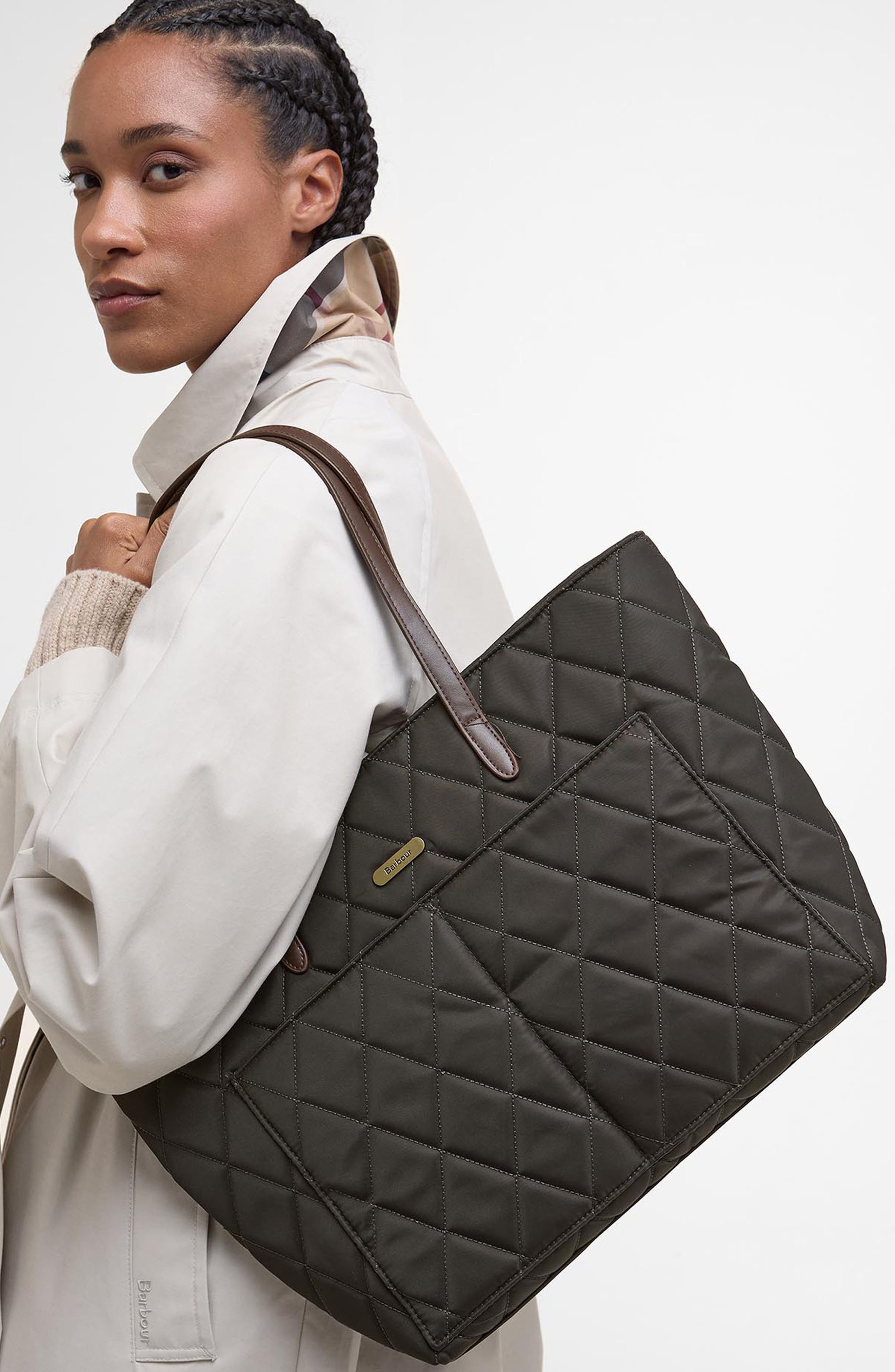 Quilted Nylon Tote, Alternate, color, OLIVE