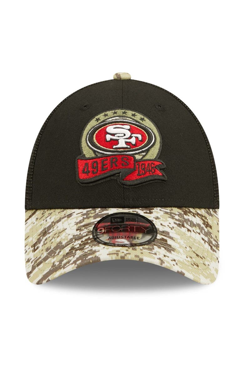 New Era Men's New Era Black/Camo San Francisco 49ers 2022 Salute To Service 9FORTY Snapback Trucker Hat, Alternate, color,