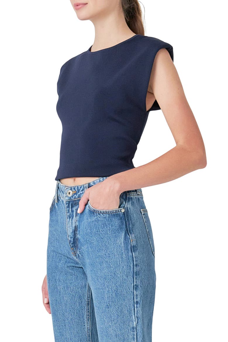 Cutout Padded Shoulder Crop Top, Alternate, color, NAVY