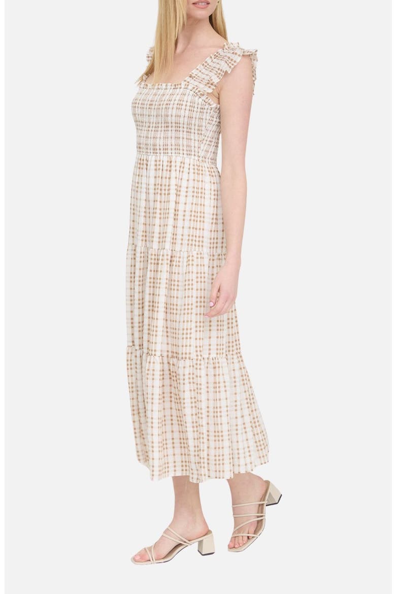 Plaid Ruffle Smocked Fit & Flare Midi Dress, Alternate, color, LIGHT BROWN