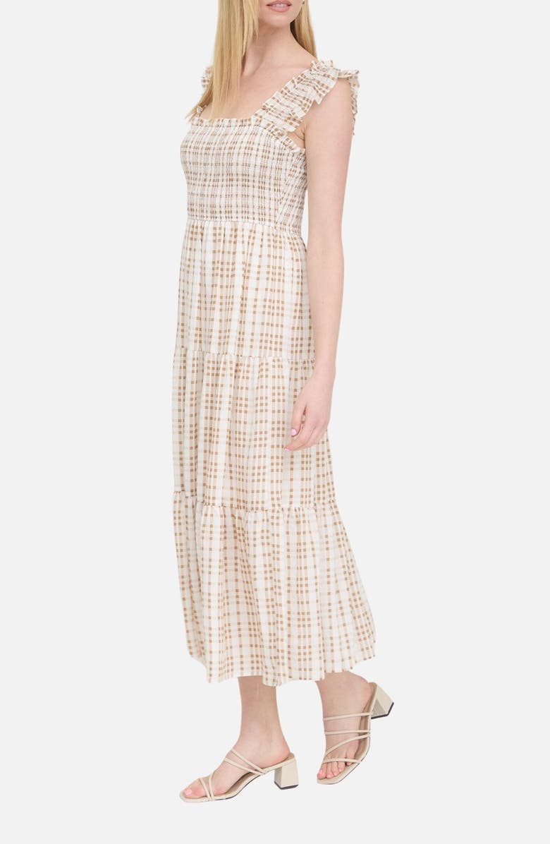 Blu Pepper Plaid Ruffle Smocked Fit & Flare Midi Dress, Alternate, color, Light Brown