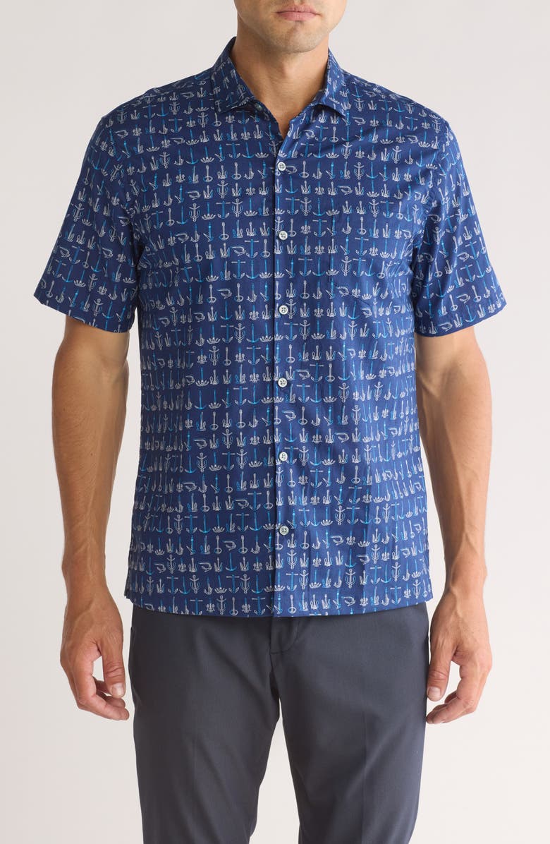 Tori Richard Anchor Management Short Sleeve Button-Up Shirt, Main, color, Navy