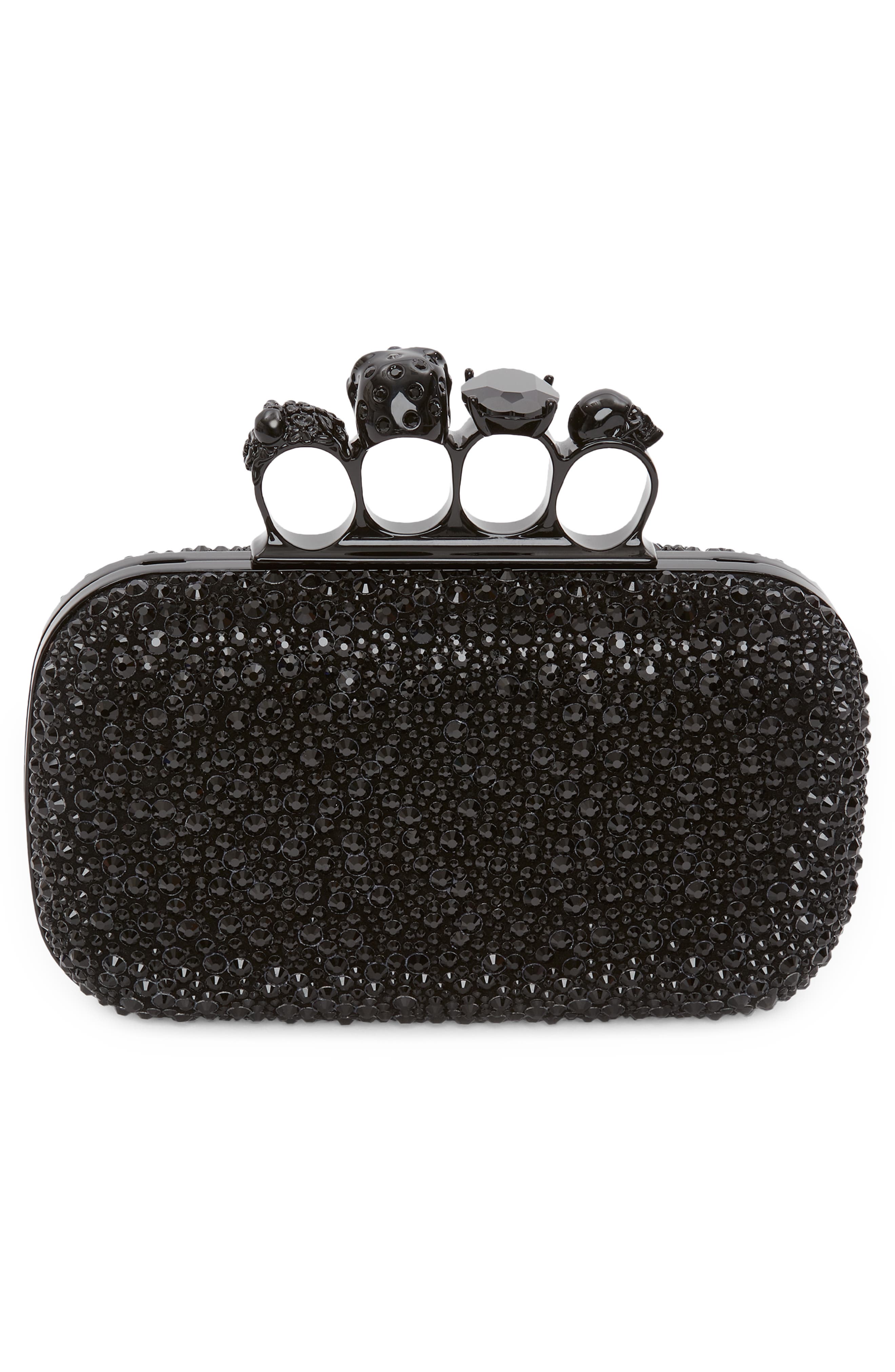McQueen Skull Crystal Embellished Four-Ring Box Clutch, Alternate, color, 