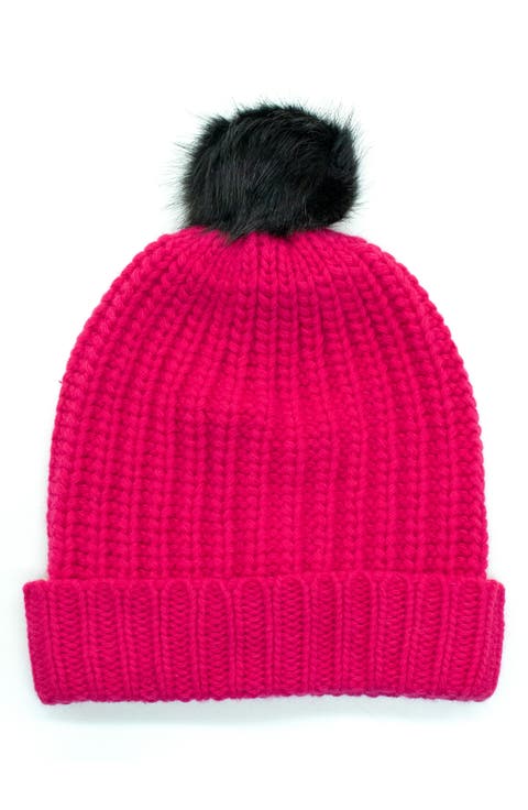 Chunky Wool Blend Beanie with Faux Fur Pompom