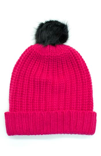 Portolano Chunky Wool Blend Beanie With Faux Fur Pompom In Pink