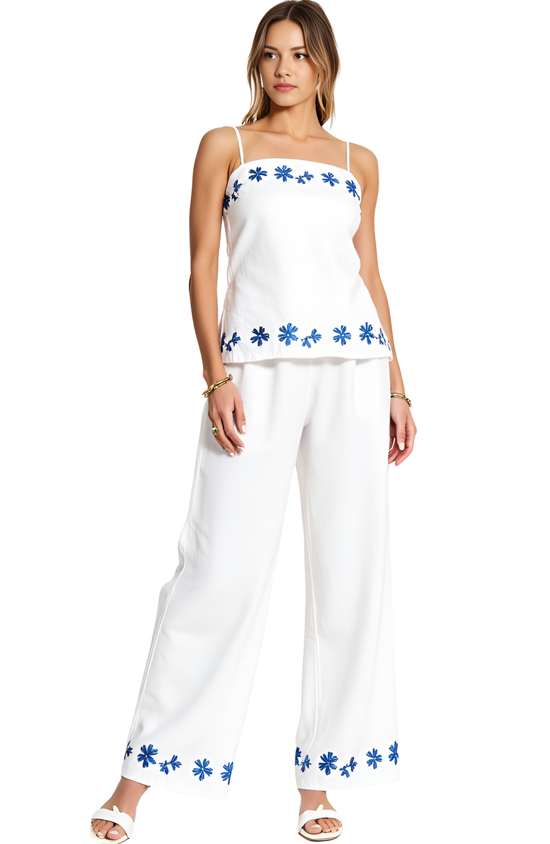 Modenaire Embroidered Camisole and Wide-Leg Pant Set with Floral Hem, Main, color, White