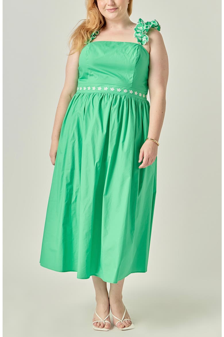 Flower Embroidered Ruffle Midi Dress, Alternate, color, GREEN