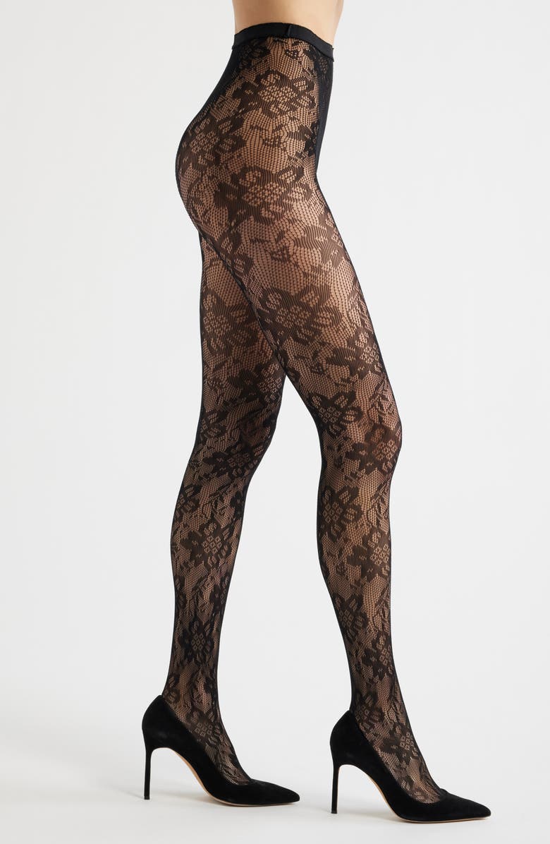 HIGH HEEL JUNGLE Lola Floral Lace Tights, Main, color, Black