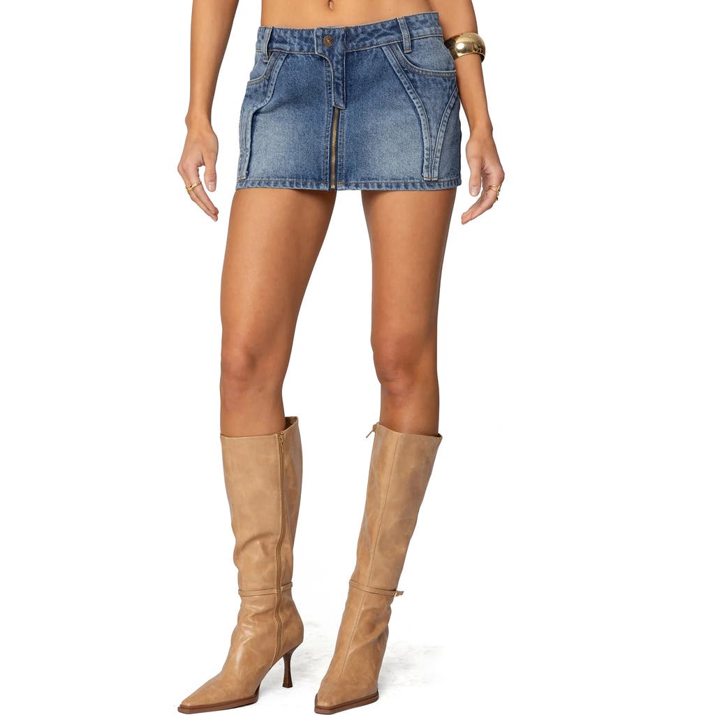 Shop Edikted Anne Zip-up Cotton Denim Miniskirt In Blue