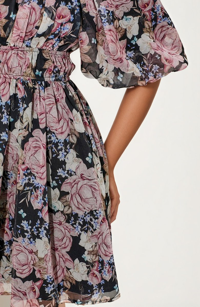 Knit and Lounge Puff Sleeve Floral Mini Dress with Smocked Waist, Alternate, color, Pink Floral