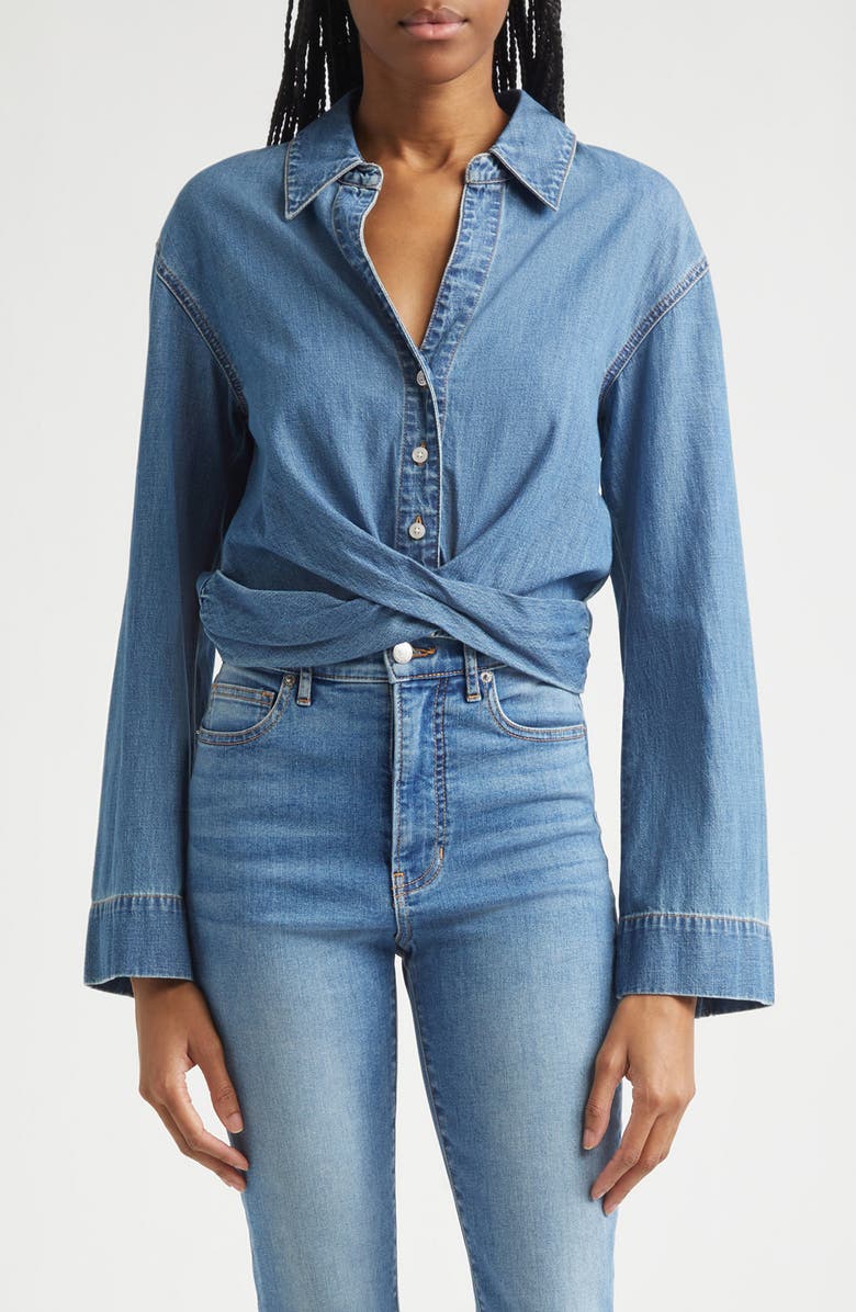 Veronica Beard Timothy Crop Twist Button-Up Denim Shirt, Main, color, Ripple Haze