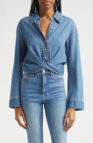Veronica Beard Timothy Crop Twist Button-Up Denim Shirt