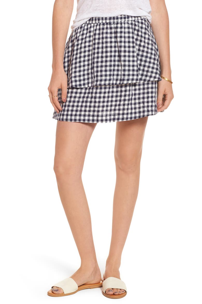 Gingham Tiered Miniskirt, Main, color, DEEP NAVY