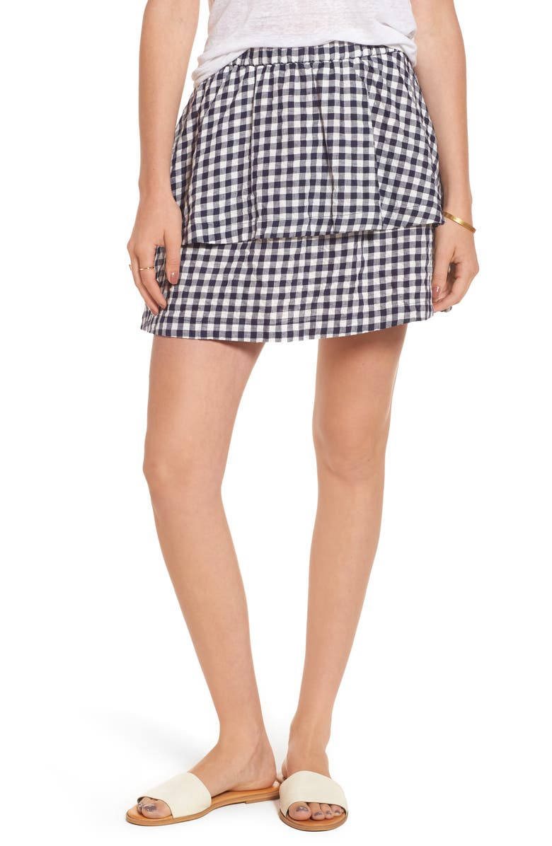 Madewell Gingham Tiered Miniskirt, Main, color, 