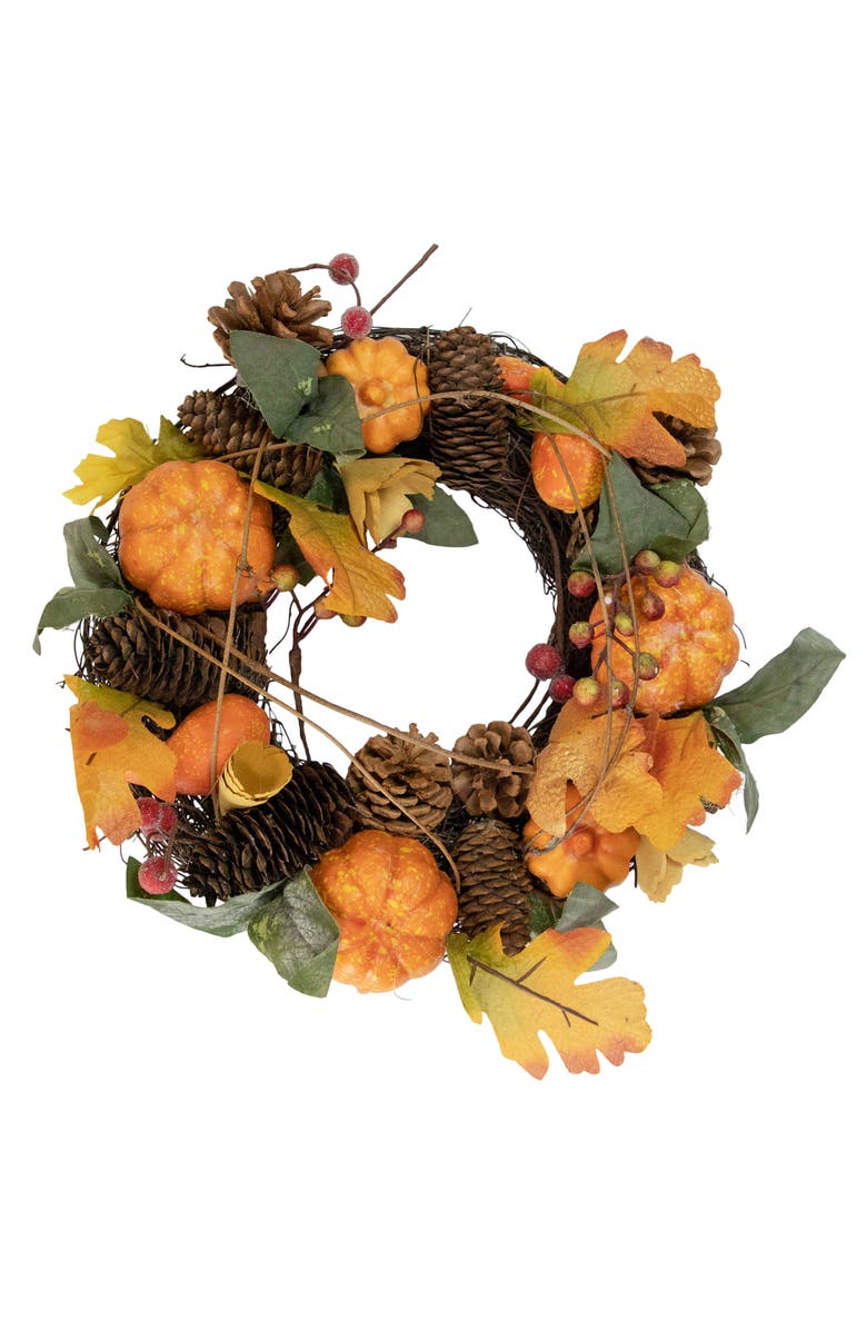 Northlight Speckled Pumpkins, Vine and Pinecone Artificial Fall Harvest Twig Wreath - 13.5", Main, color, Brown