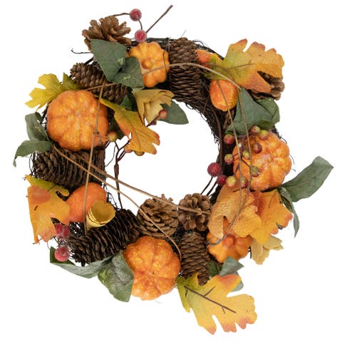 Speckled Pumpkins, Vine and Pinecone Artificial Fall Harvest Twig Wreath - 13.5"