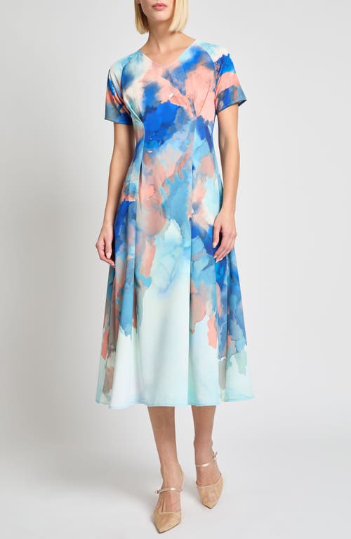 Misook Watercolor Midi Dress In Aegean Blue/aquatic Multi