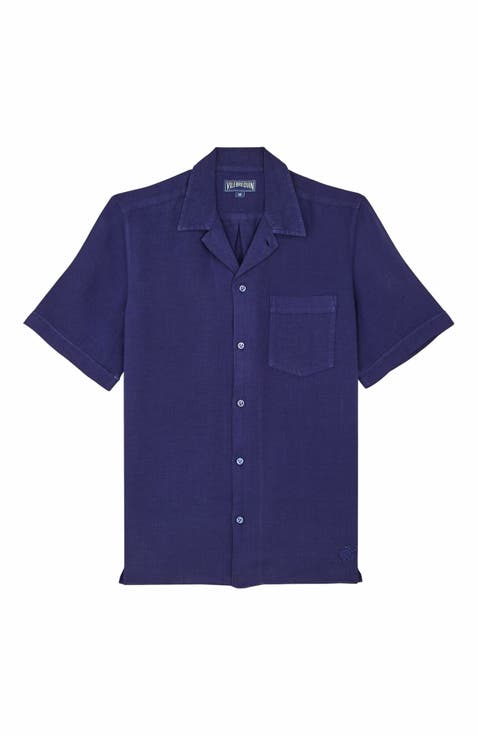 Men's Linen Solid Bowling Shirt