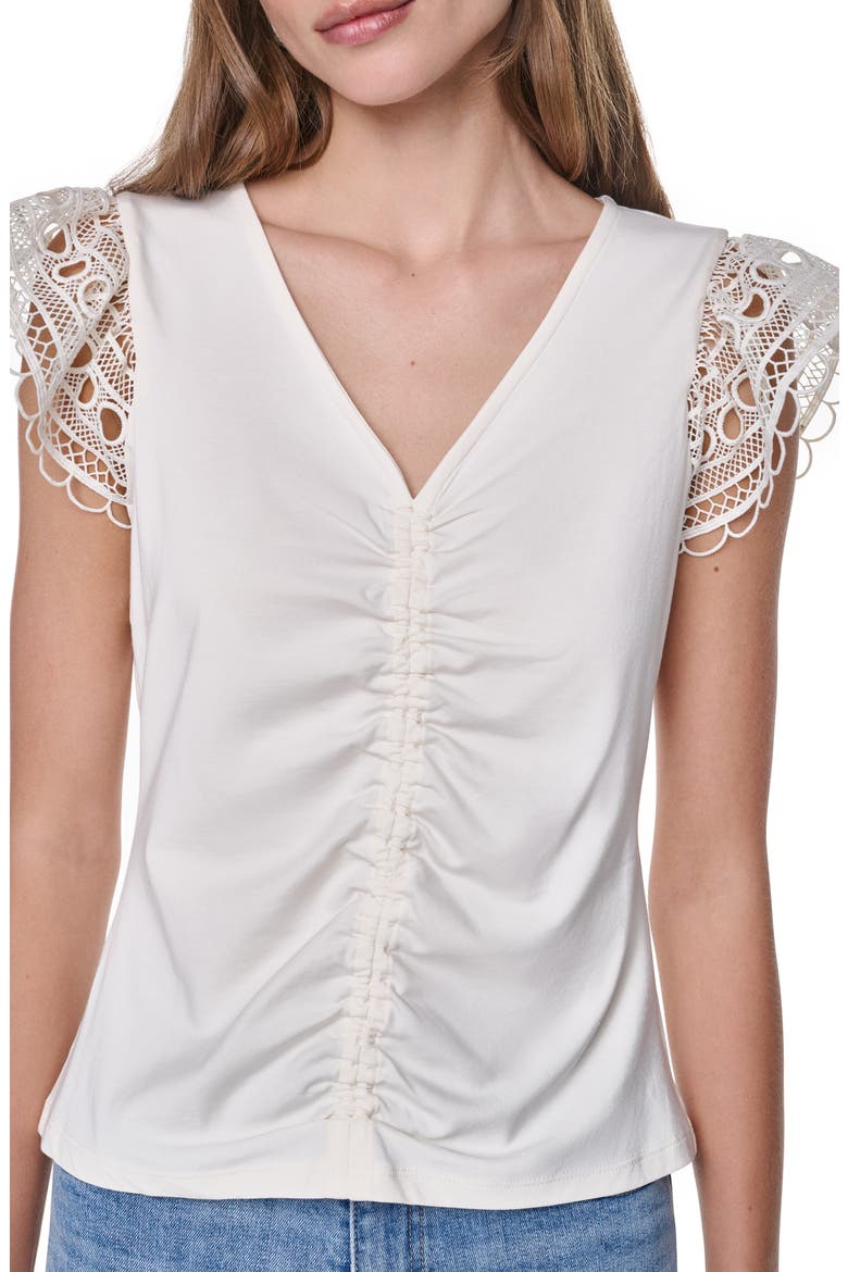 Center Ruched Lace Sleeve Cotton Blend Top, Alternate, color, COCONUT