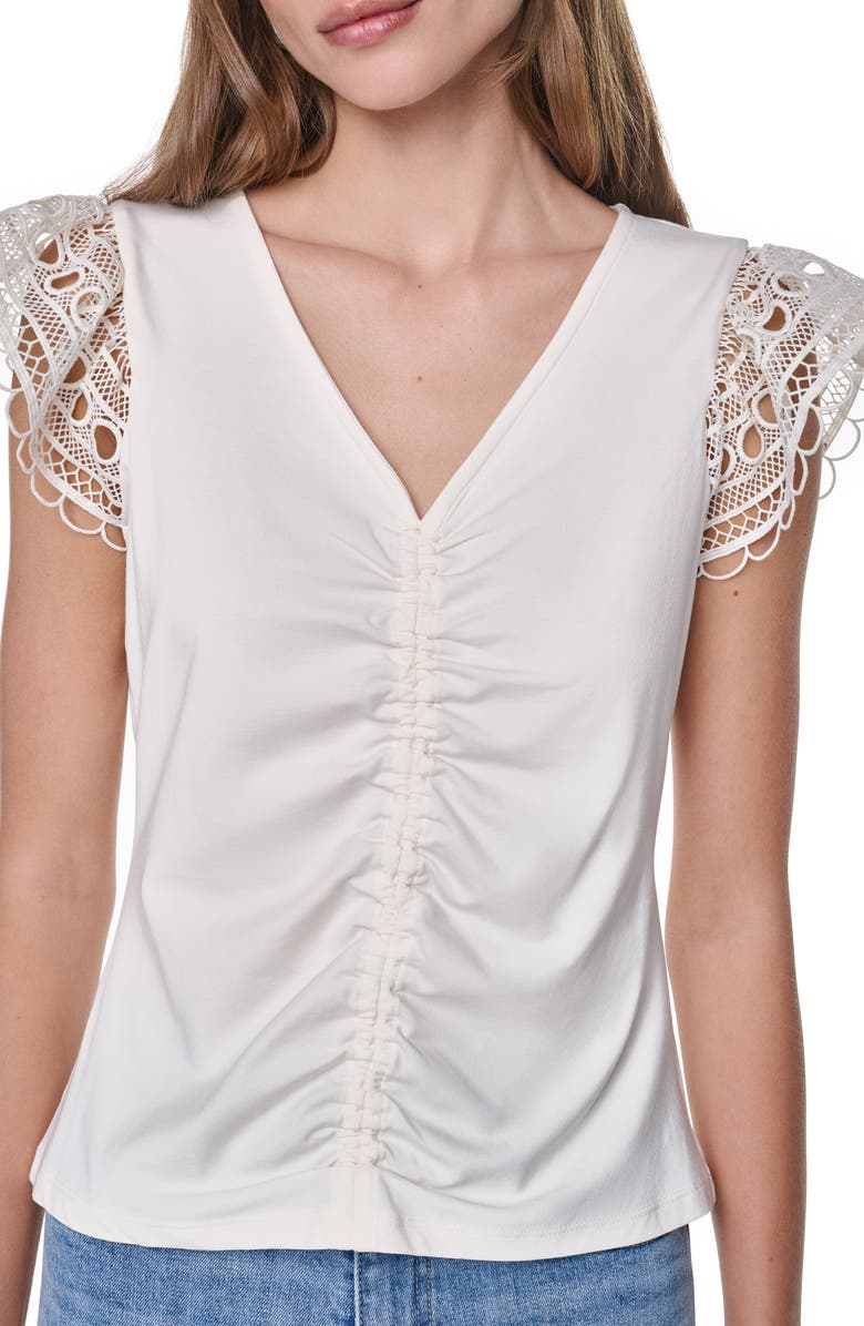 DKNY Center Ruched Lace Sleeve Cotton Blend Top, Alternate, color, Coconut