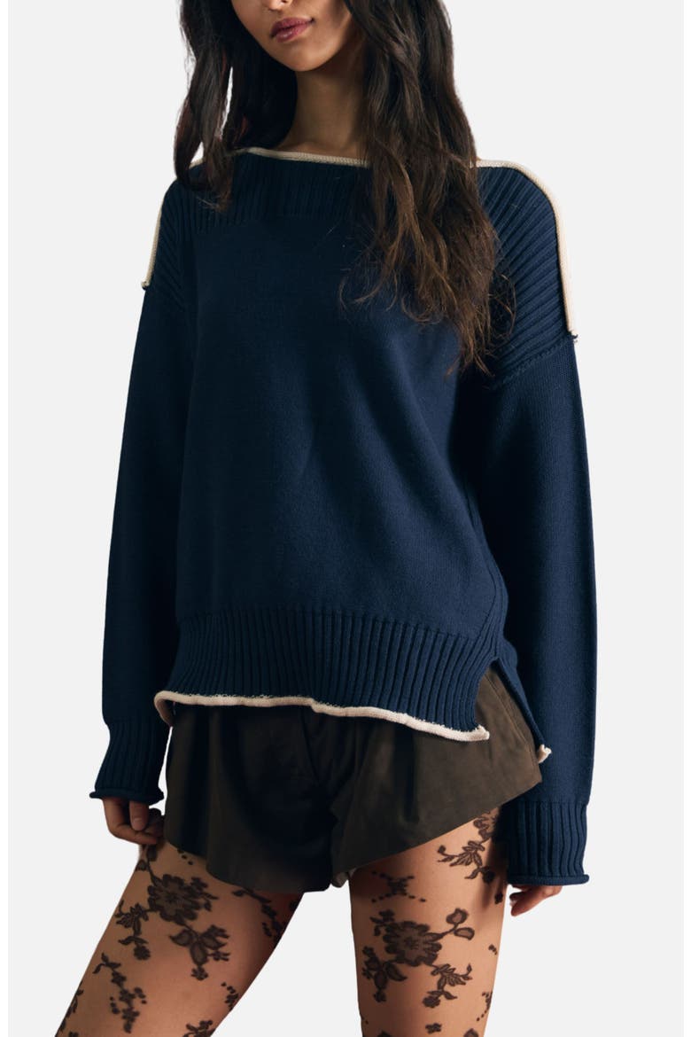 Contrast Trim Cotton Sweater, Alternate, color, NAVY