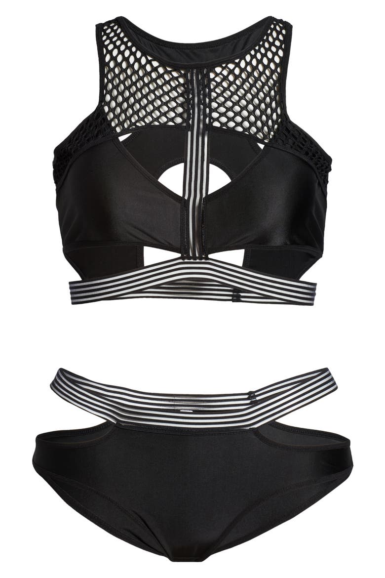 Mesh & Strap Detail Bra & Briefs Set, Alternate, color, BLACK