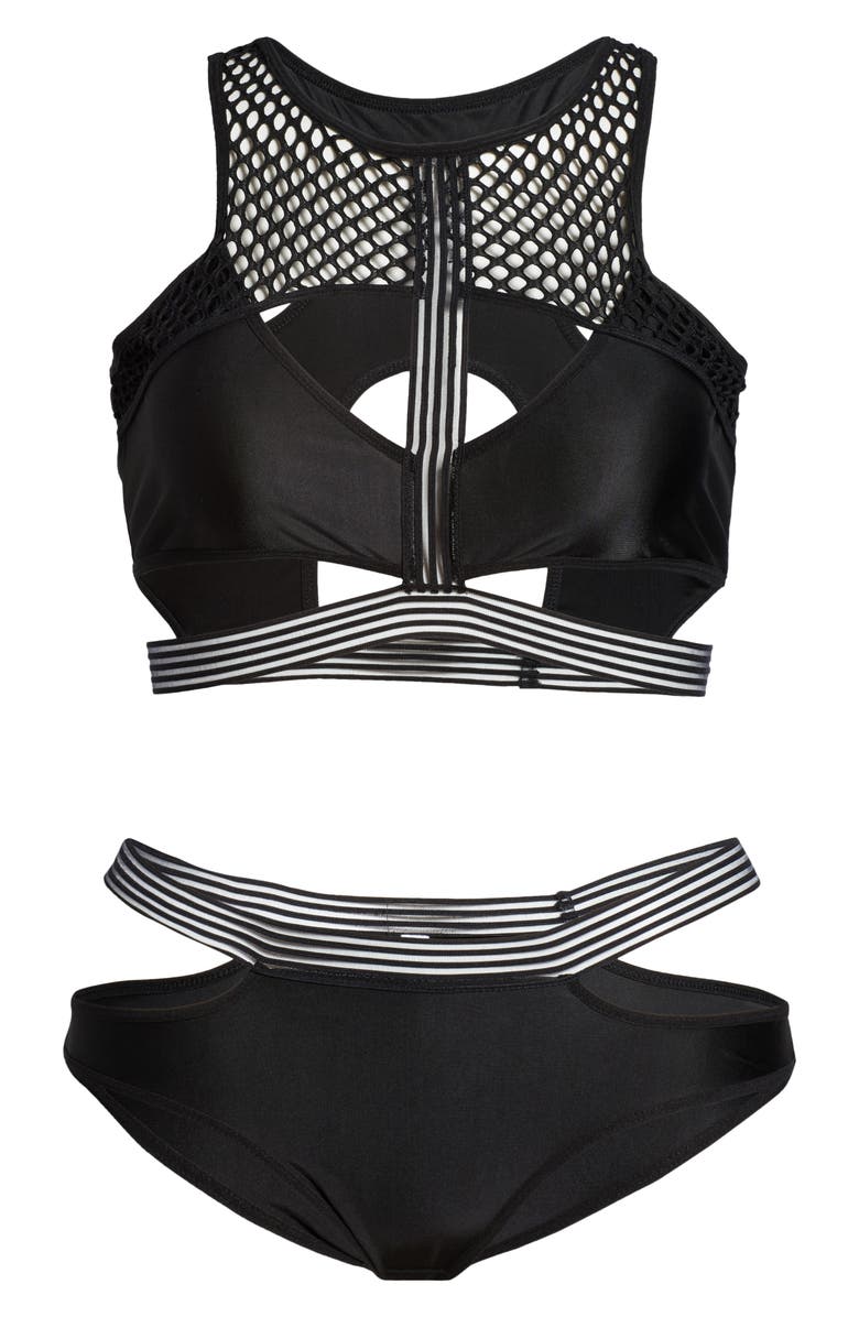 Coquette Mesh & Strap Detail Bra & Briefs Set, Alternate, color, Black