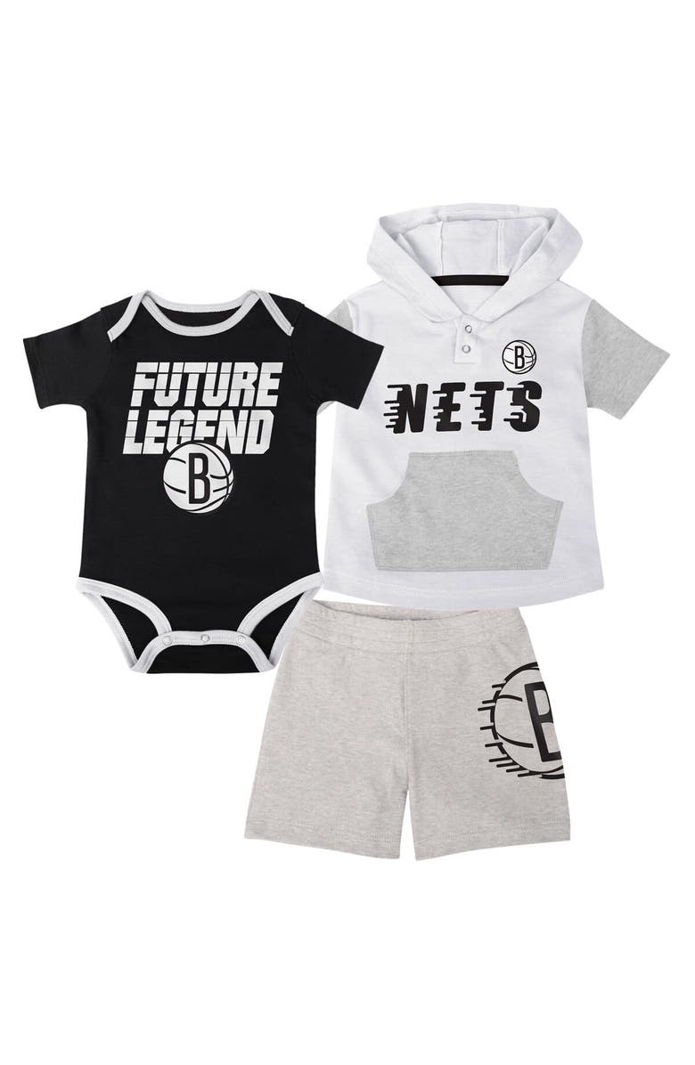 Outerstuff Infant Black/White/Gray Brooklyn Nets Bank Shot Bodysuit, Hoodie T-Shirt & Shorts Set, Alternate, color, Black