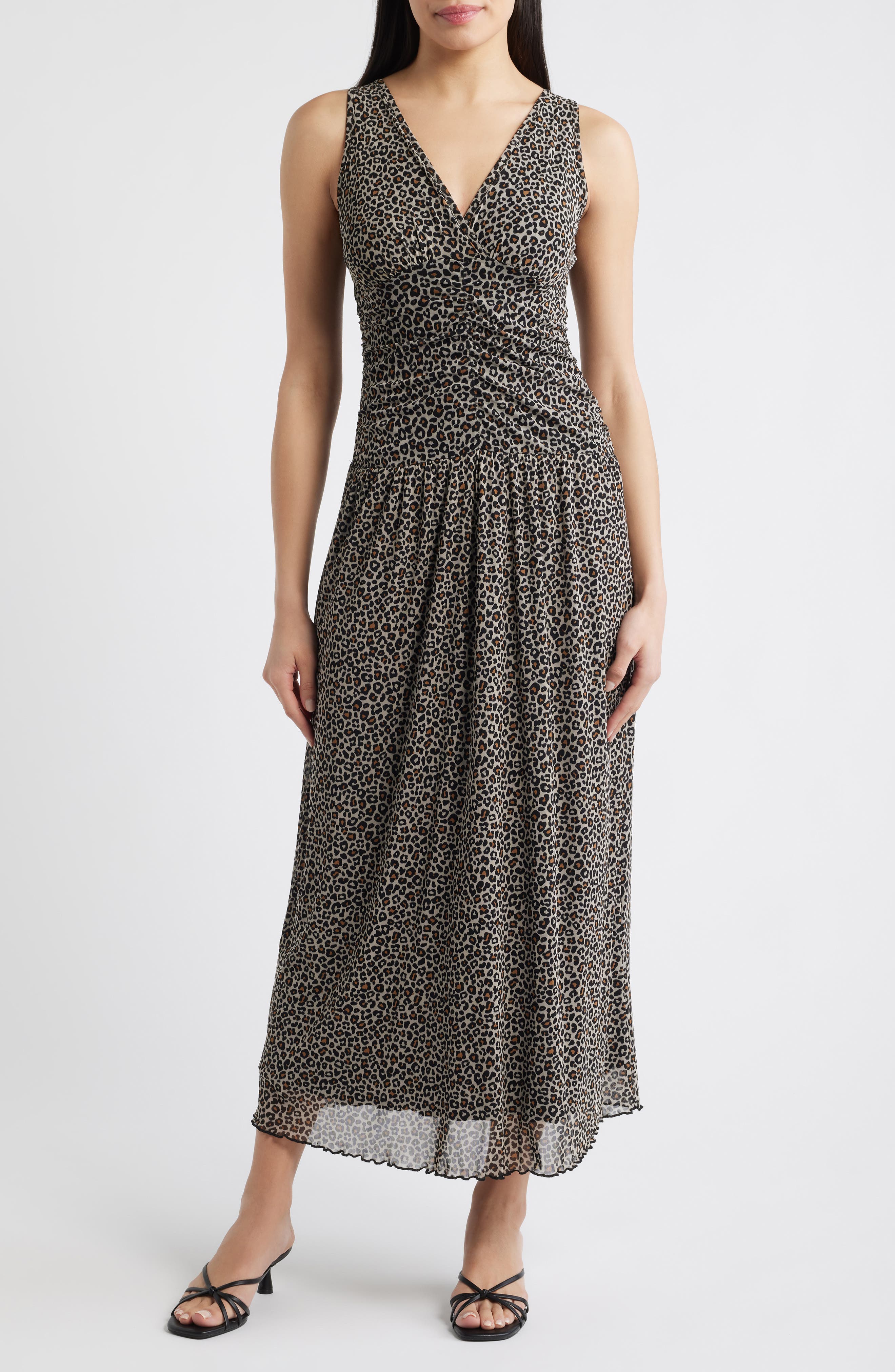 Leopard Print Ruched Mesh Maxi Dress
