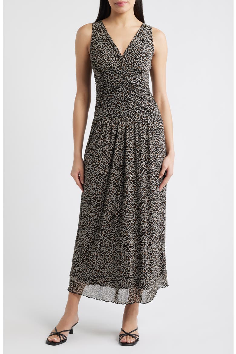 Leopard Print Ruched Mesh Maxi Dress, Main, color, TAUPE