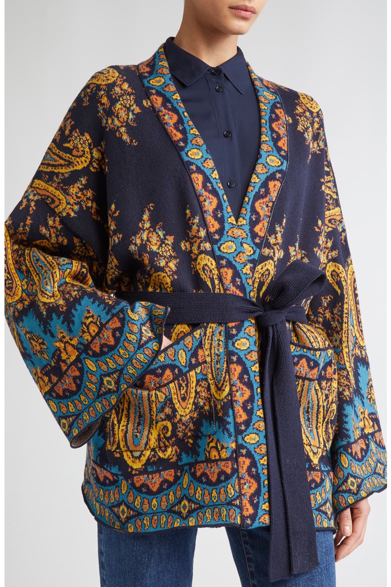 Paisley Jacquard Wrap Cardigan, Alternate, color, PRINT ON BLUE BASE