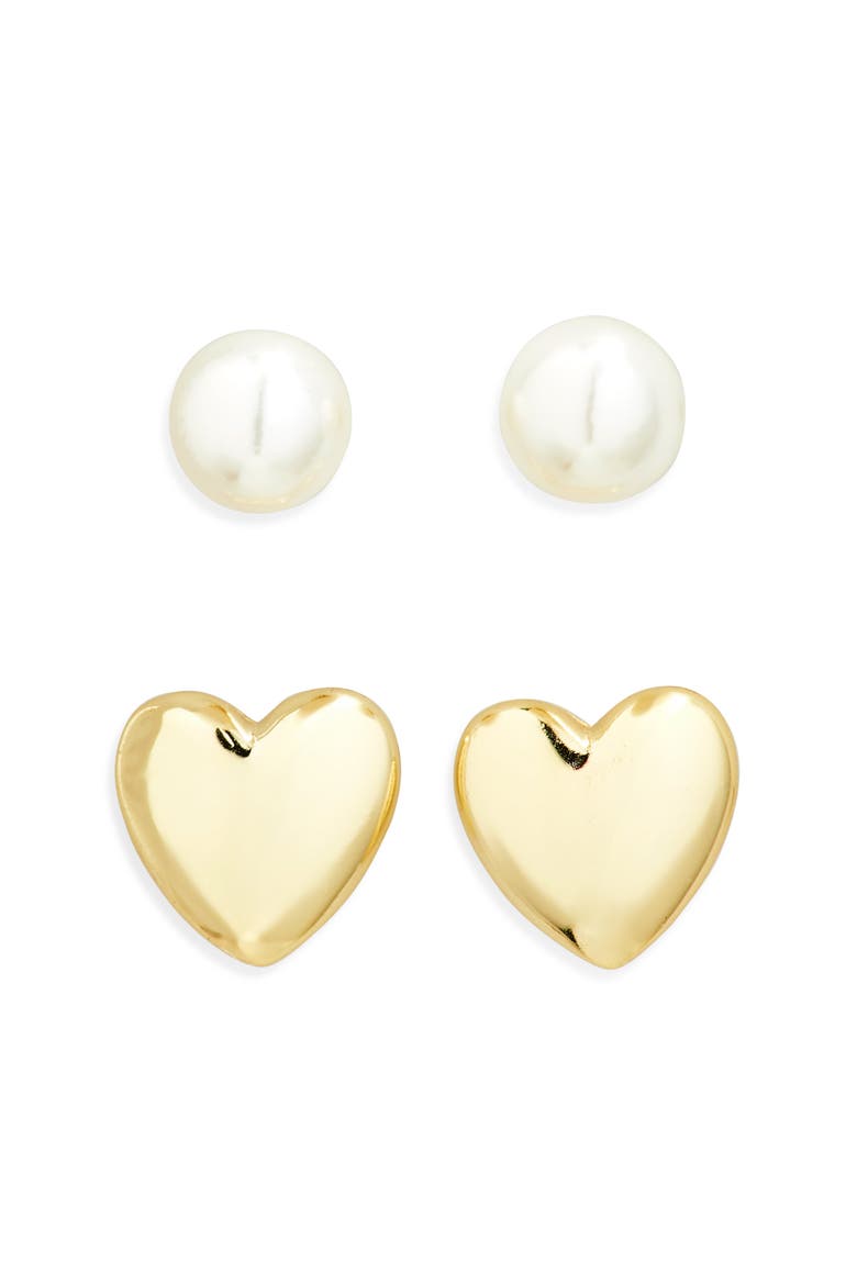 Set of 2 Faux Pearl & Heart Stud Earrings, Main, color, GOLD