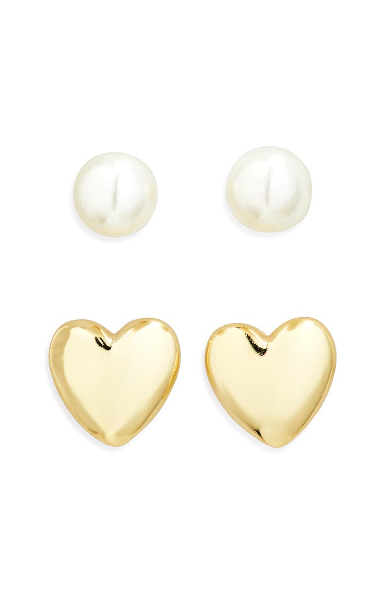 ARGENTO VIVO Set of 2 Faux Pearl & Heart Stud Earrings, Main, color, Gold